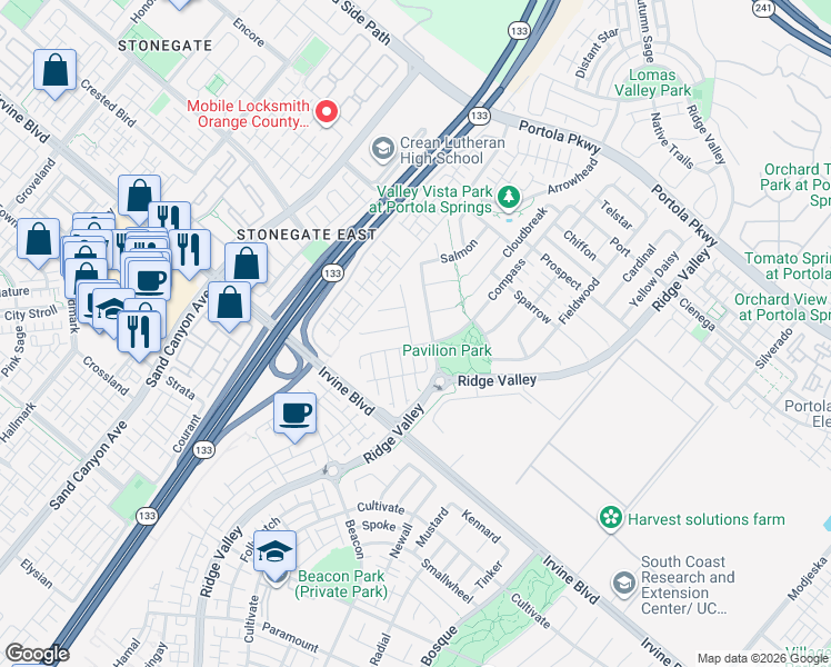 map of restaurants, bars, coffee shops, grocery stores, and more near 143 Allium in Irvine