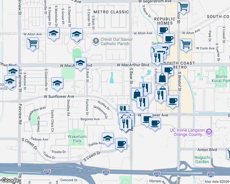 map of restaurants, bars, coffee shops, grocery stores, and more near 1913 West Wakeham Place in Santa Ana
