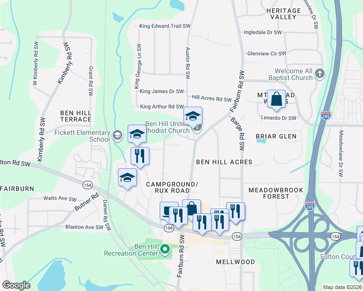 map of restaurants, bars, coffee shops, grocery stores, and more near 3048 Austin Ct SW in Atlanta