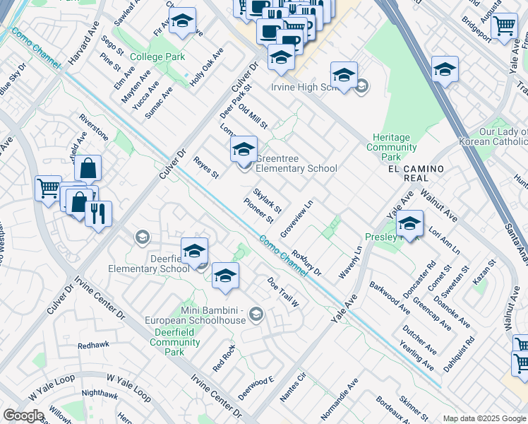map of restaurants, bars, coffee shops, grocery stores, and more near 4312 Skylark Street in Irvine
