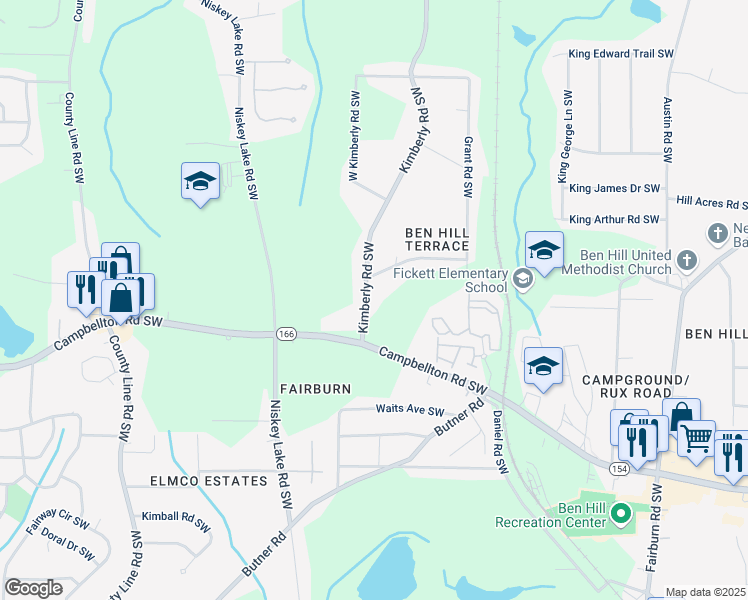 map of restaurants, bars, coffee shops, grocery stores, and more near 2122 Kimberly Road Southwest in Atlanta