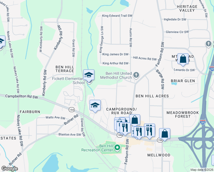 map of restaurants, bars, coffee shops, grocery stores, and more near 3865 Rux Road Southwest in Atlanta