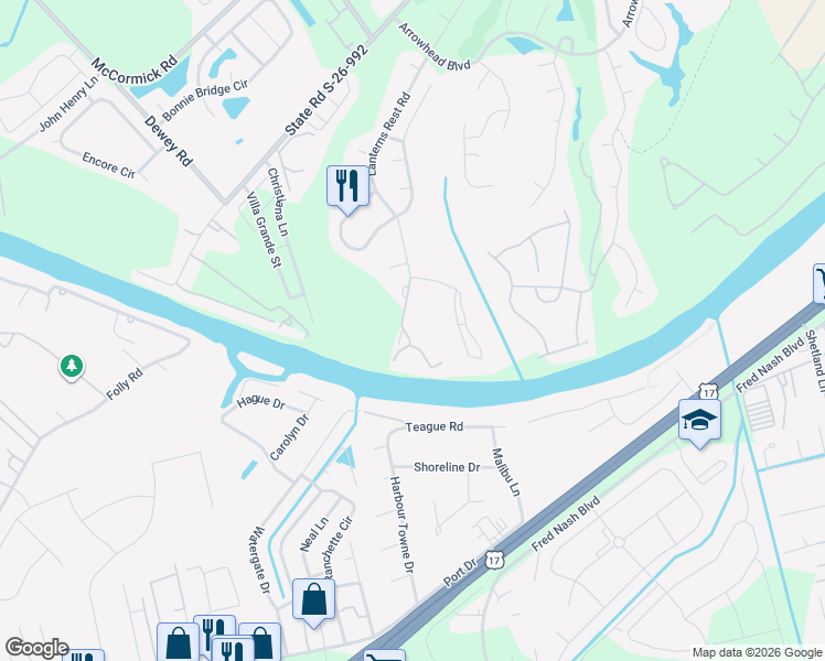 map of restaurants, bars, coffee shops, grocery stores, and more near 1525 Lanterns Rest Road in Myrtle Beach