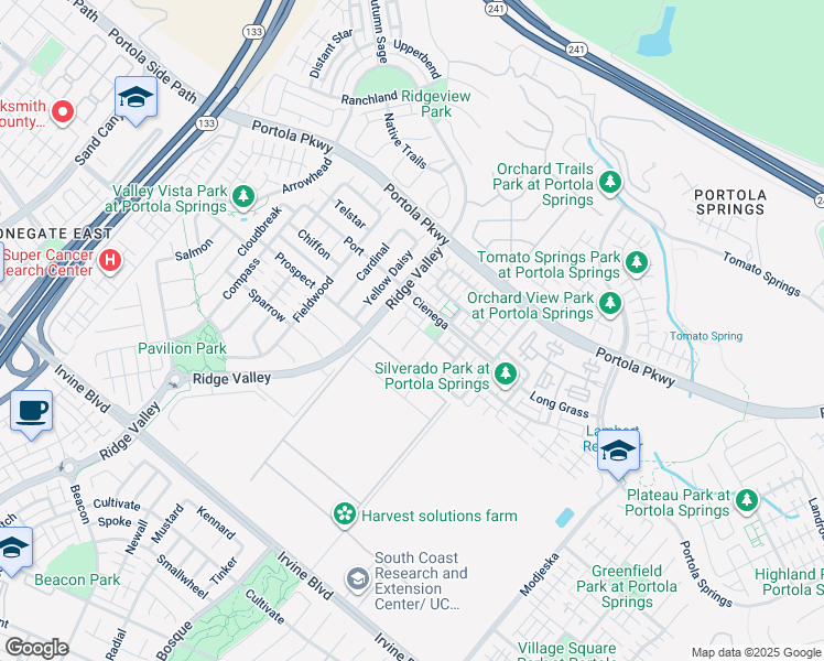 map of restaurants, bars, coffee shops, grocery stores, and more near 34 Homeland in Irvine
