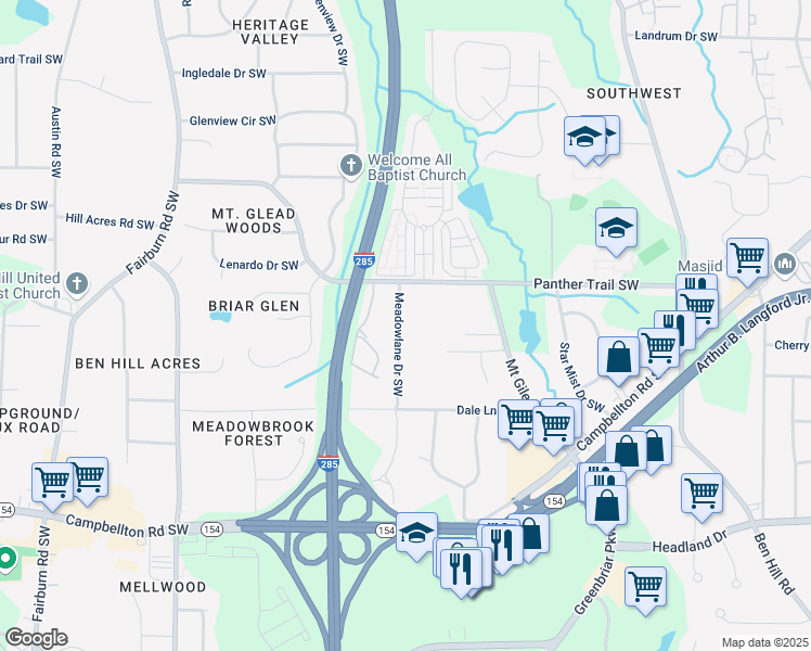 map of restaurants, bars, coffee shops, grocery stores, and more near 2150 Meadowlane Drive Southwest in Atlanta