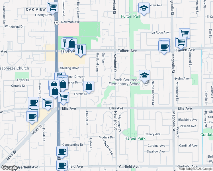 map of restaurants, bars, coffee shops, grocery stores, and more near 18274 Gum Tree Lane in Huntington Beach