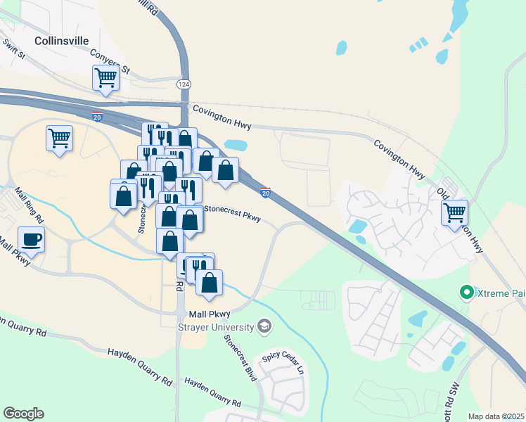 map of restaurants, bars, coffee shops, grocery stores, and more near 8470 Mall Parkway in Stonecrest