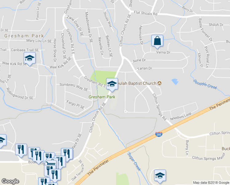 map of restaurants, bars, coffee shops, grocery stores, and more near 3132 Clifton Church Road Southeast in Atlanta