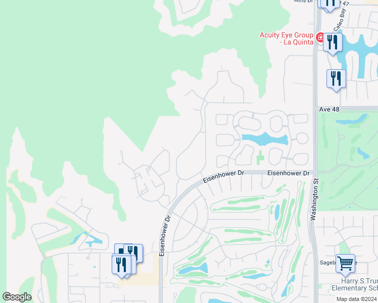map of restaurants, bars, coffee shops, grocery stores, and more near 48364 Stillwater Drive in La Quinta