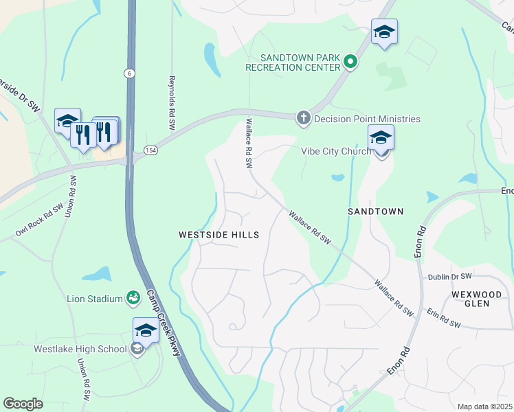 map of restaurants, bars, coffee shops, grocery stores, and more near 5520 Woodside Drive Southwest in Atlanta