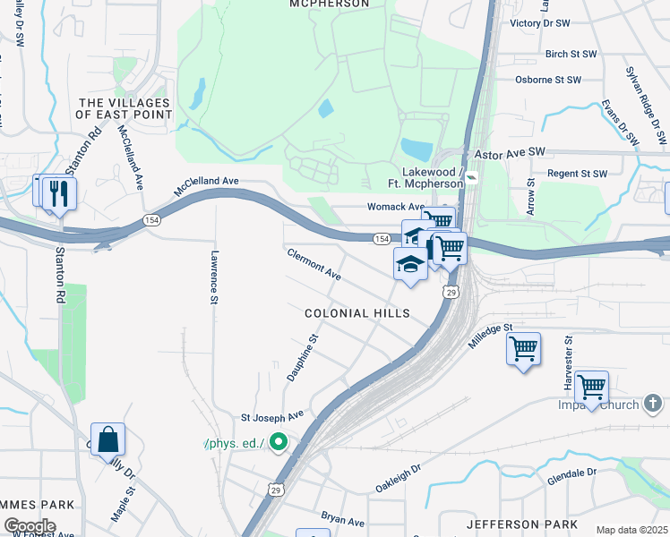 map of restaurants, bars, coffee shops, grocery stores, and more near 1427 Clermont Avenue in East Point