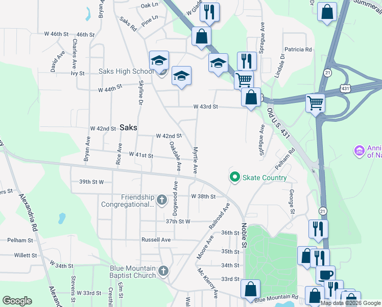 map of restaurants, bars, coffee shops, grocery stores, and more near 4132 Saks Road in Anniston