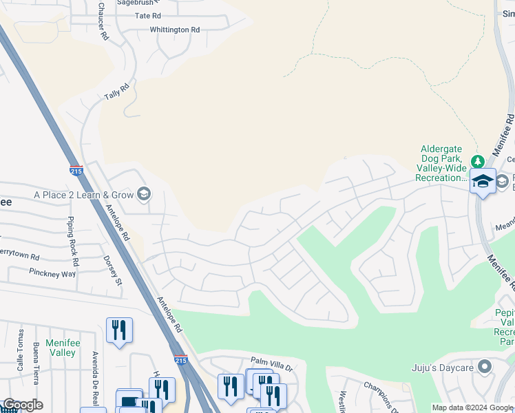 map of restaurants, bars, coffee shops, grocery stores, and more near 29225 High Ridge Circle in Menifee