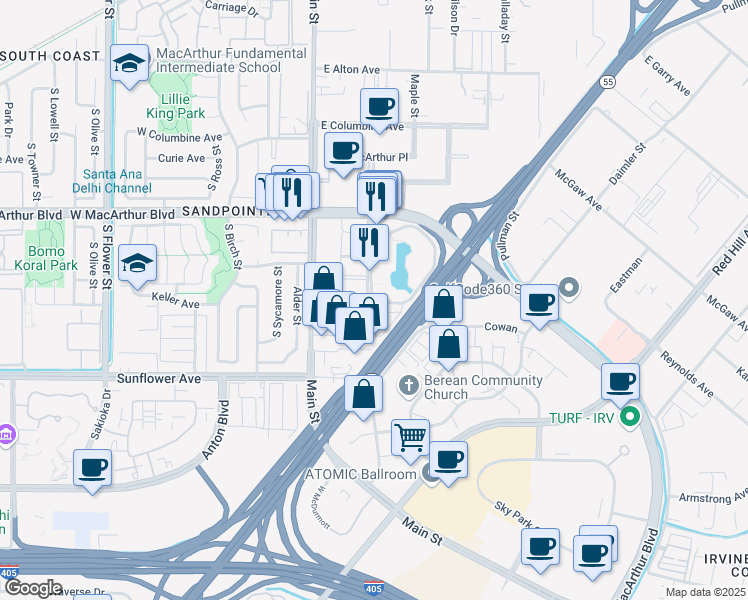map of restaurants, bars, coffee shops, grocery stores, and more near 10 Hutton Centre Drive in Santa Ana