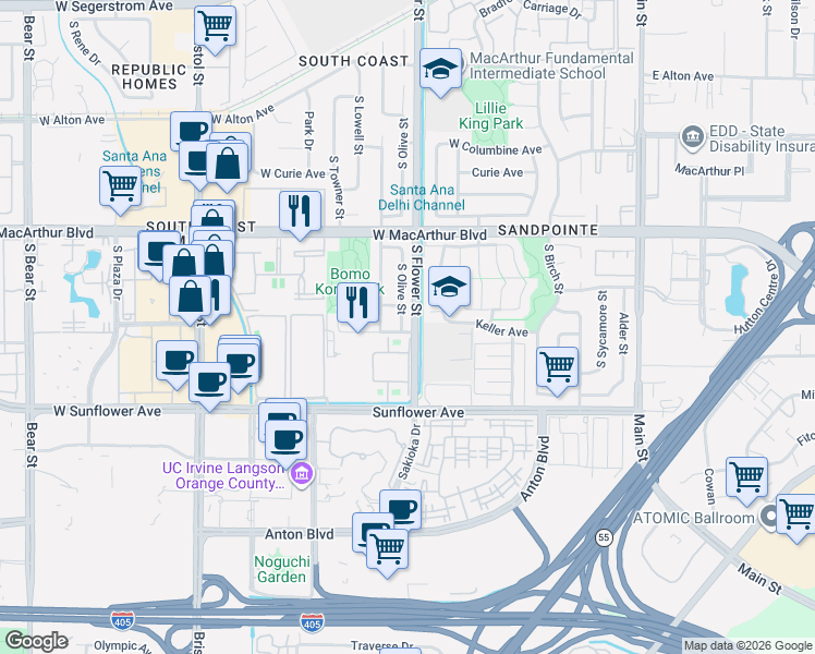 map of restaurants, bars, coffee shops, grocery stores, and more near 3729 South Olive Street in Santa Ana