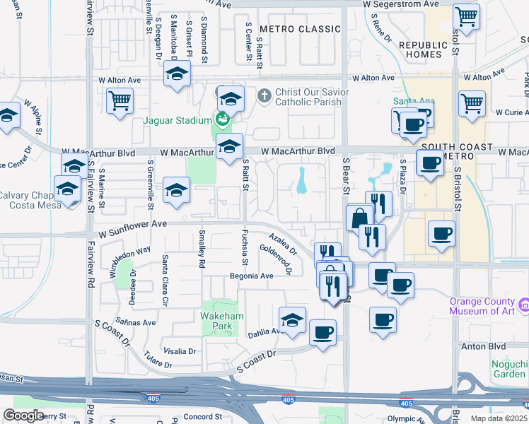 map of restaurants, bars, coffee shops, grocery stores, and more near 3610 Aspen Village Way in Santa Ana
