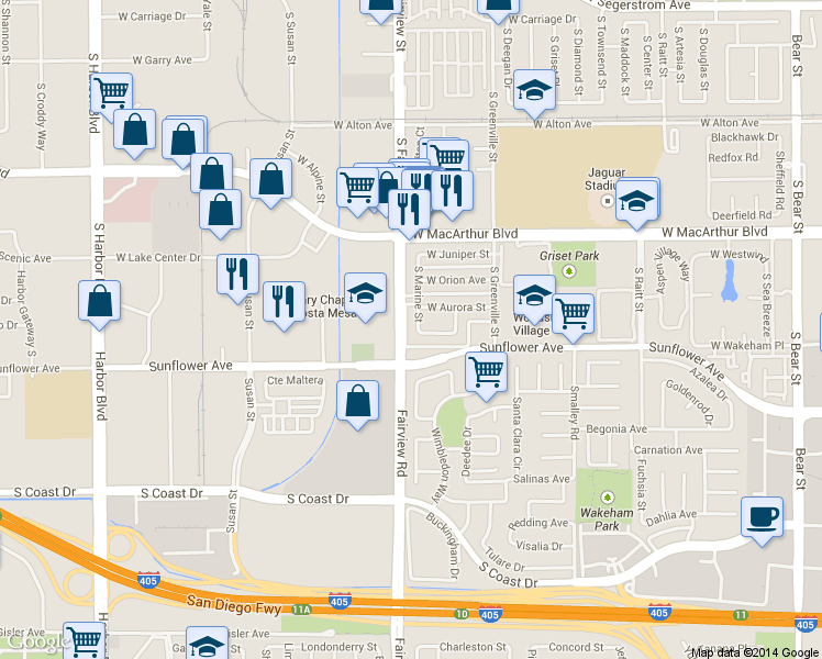 map of restaurants, bars, coffee shops, grocery stores, and more near 3714 South Marine Street in Santa Ana