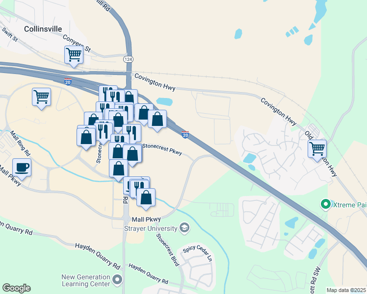map of restaurants, bars, coffee shops, grocery stores, and more near 8470 Mall Parkway in Stonecrest