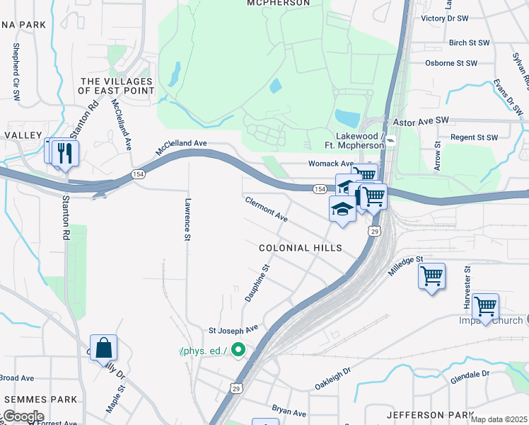 map of restaurants, bars, coffee shops, grocery stores, and more near 1467 Clermont Avenue in East Point