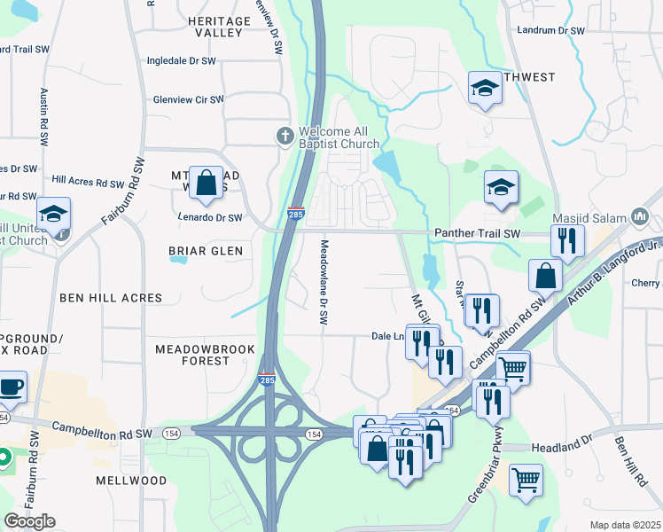 map of restaurants, bars, coffee shops, grocery stores, and more near 2150 Meadowlane Drive Southwest in Atlanta