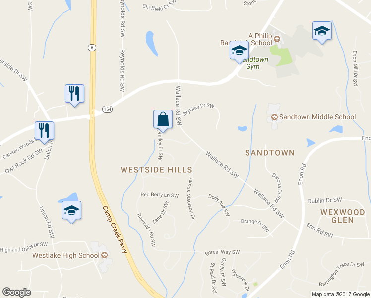 map of restaurants, bars, coffee shops, grocery stores, and more near 5520 Woodside Drive Southwest in Atlanta