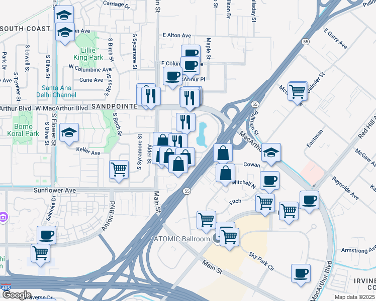 map of restaurants, bars, coffee shops, grocery stores, and more near 10 Hutton Centre Drive in Santa Ana