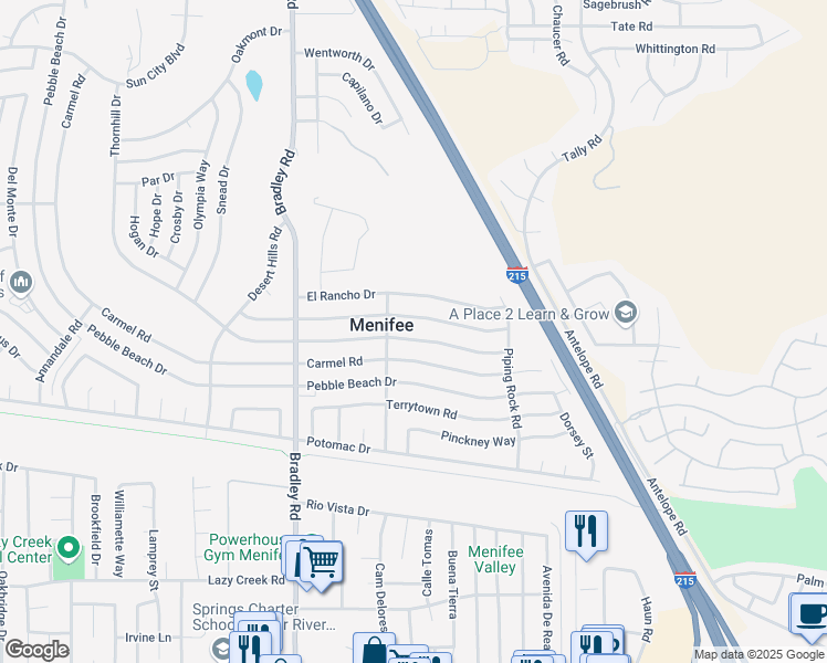 map of restaurants, bars, coffee shops, grocery stores, and more near 29820 Thornhill Drive in Menifee