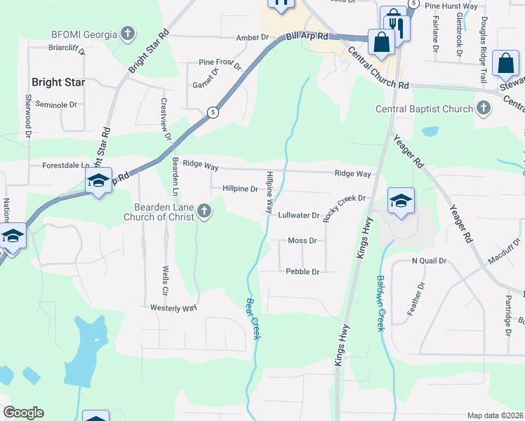 map of restaurants, bars, coffee shops, grocery stores, and more near 6256 Hillpine Drive in Douglasville