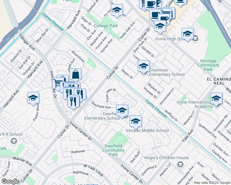 map of restaurants, bars, coffee shops, grocery stores, and more near in Irvine