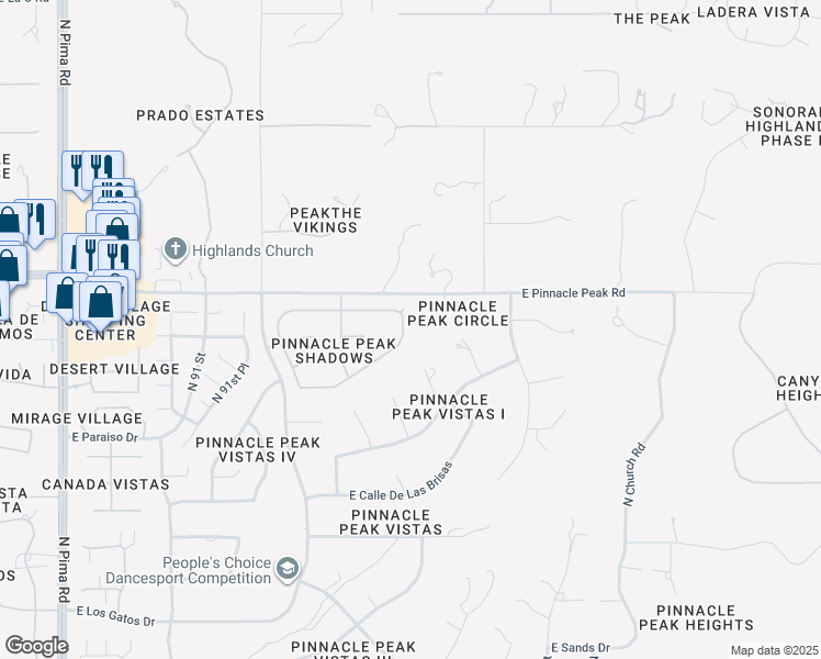 map of restaurants, bars, coffee shops, grocery stores, and more near 9431 East Casitas Del Rio Drive in Scottsdale