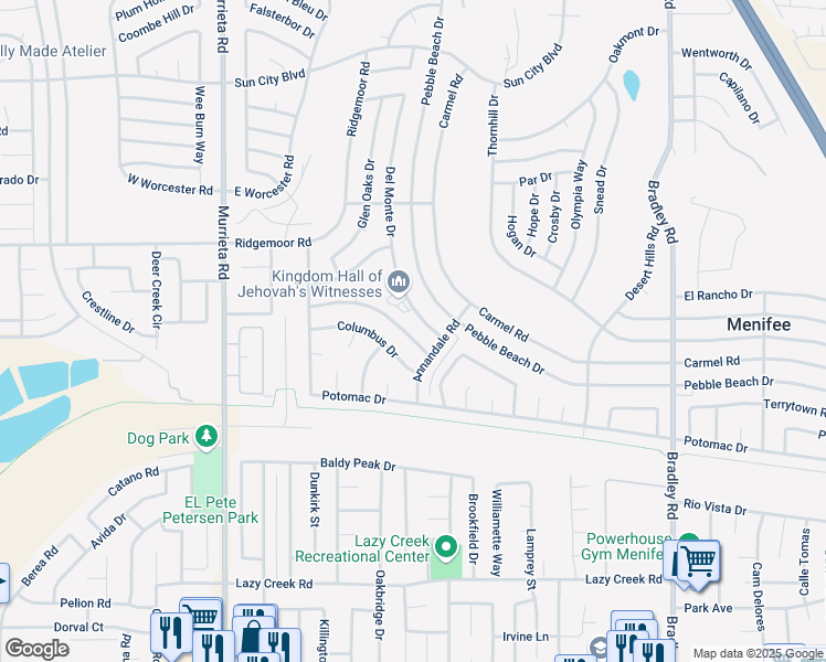 map of restaurants, bars, coffee shops, grocery stores, and more near 29135 Pebble Beach Drive in Menifee