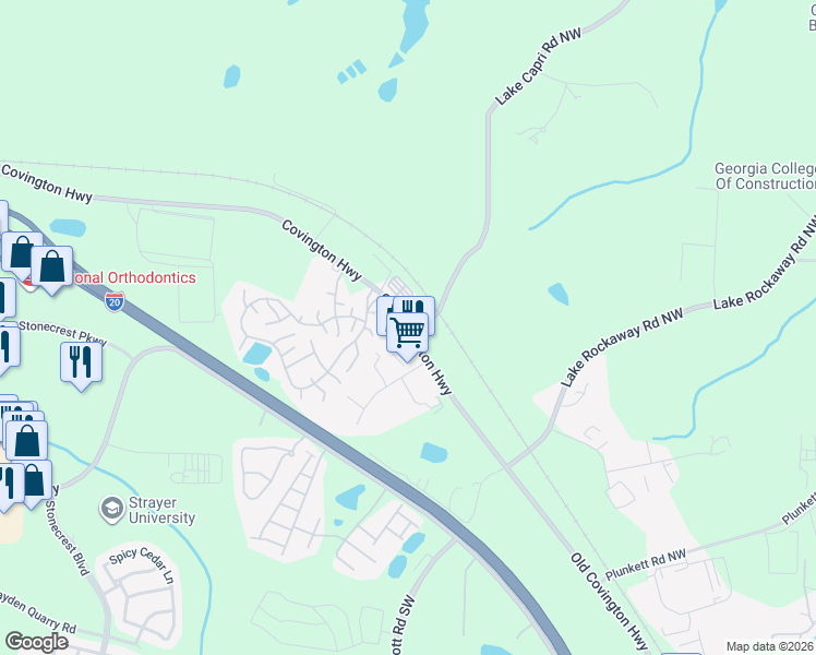 map of restaurants, bars, coffee shops, grocery stores, and more near 2609 Covington Highway in Conyers