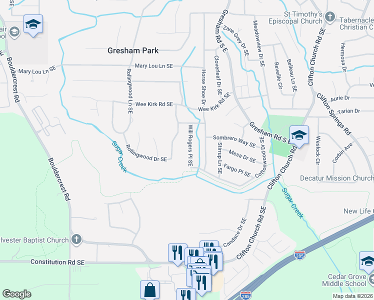 map of restaurants, bars, coffee shops, grocery stores, and more near 3033 Rollingwood Court Southeast in Atlanta