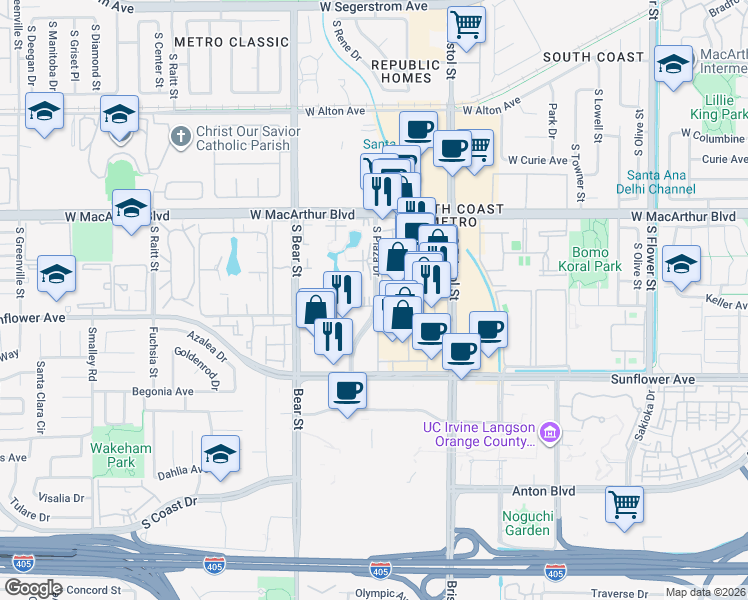 map of restaurants, bars, coffee shops, grocery stores, and more near in Santa Ana