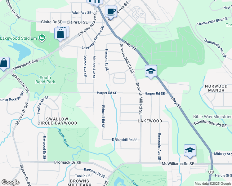 map of restaurants, bars, coffee shops, grocery stores, and more near Harper Road Southeast in Atlanta