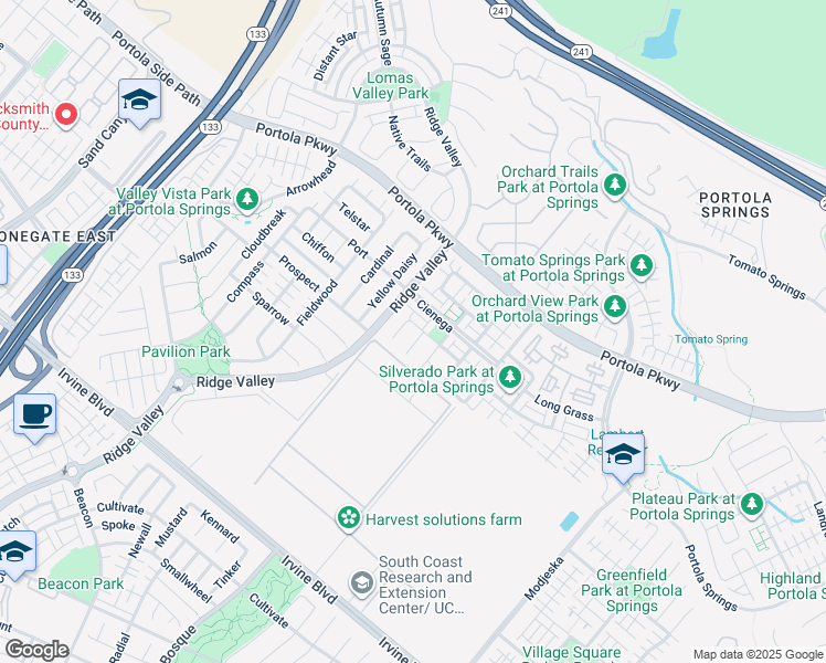 map of restaurants, bars, coffee shops, grocery stores, and more near 32 Homeland in Irvine