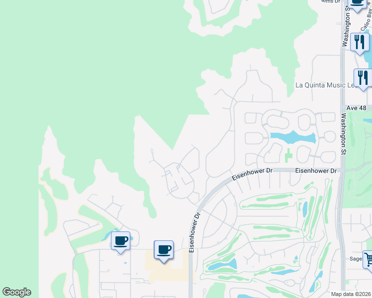 map of restaurants, bars, coffee shops, grocery stores, and more near 77724 Tradition Drive in La Quinta