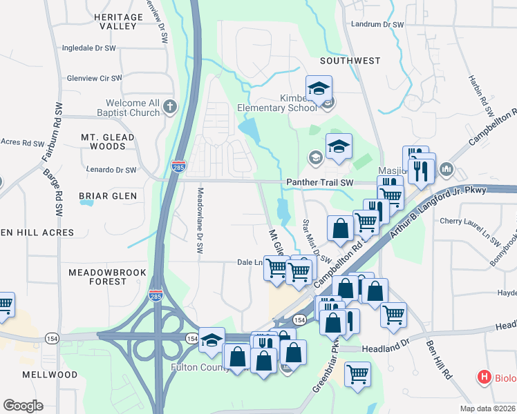 map of restaurants, bars, coffee shops, grocery stores, and more near 3196 Mount Gilead Road Southwest in Atlanta