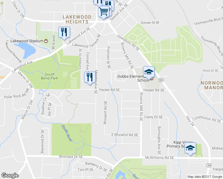 map of restaurants, bars, coffee shops, grocery stores, and more near Harper Road Southeast in Atlanta