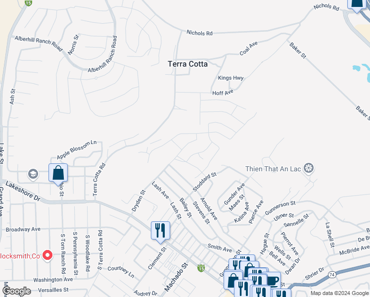 map of restaurants, bars, coffee shops, grocery stores, and more near 898 Dryden Street in Lake Elsinore