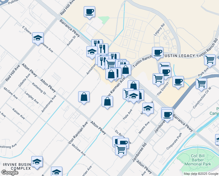 map of restaurants, bars, coffee shops, grocery stores, and more near 16715 Von Karman Avenue in Irvine