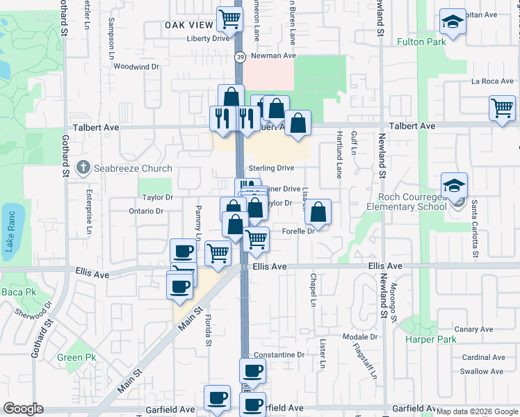 map of restaurants, bars, coffee shops, grocery stores, and more near 8001 Taylor Drive in Huntington Beach