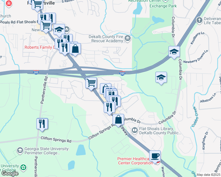 map of restaurants, bars, coffee shops, grocery stores, and more near 3800 Flat Shoals Parkway in Decatur