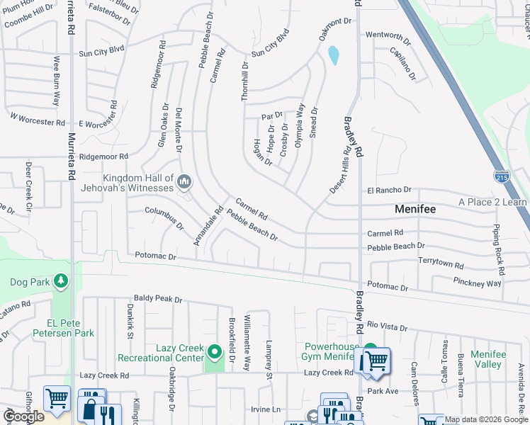 map of restaurants, bars, coffee shops, grocery stores, and more near 29326 Carmel Road in Menifee