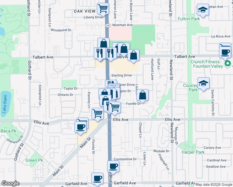 map of restaurants, bars, coffee shops, grocery stores, and more near 8042 Taylor Drive in Huntington Beach