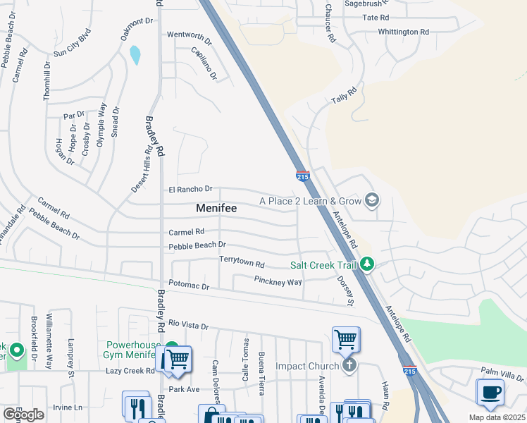 map of restaurants, bars, coffee shops, grocery stores, and more near 27353 Pinehurst Road in Menifee