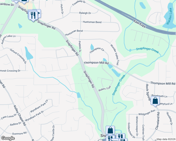 map of restaurants, bars, coffee shops, grocery stores, and more near 4537 Thompson Mill Road in Decatur
