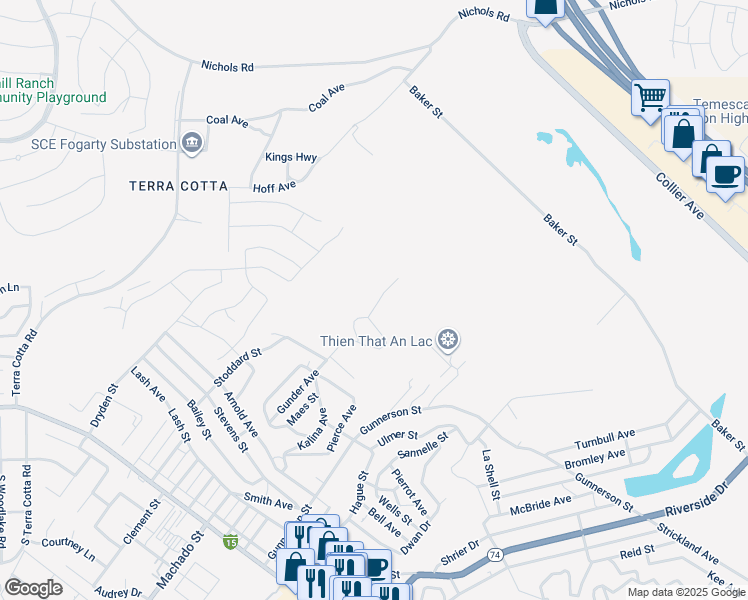 map of restaurants, bars, coffee shops, grocery stores, and more near 29093 Gunder Avenue in Lake Elsinore
