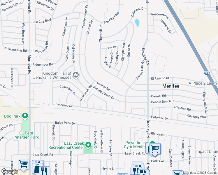 map of restaurants, bars, coffee shops, grocery stores, and more near 29326 Carmel Road in Menifee