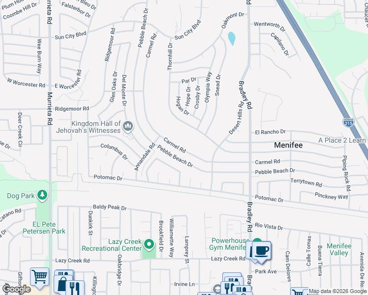 map of restaurants, bars, coffee shops, grocery stores, and more near 29280 Carmel Road in Menifee